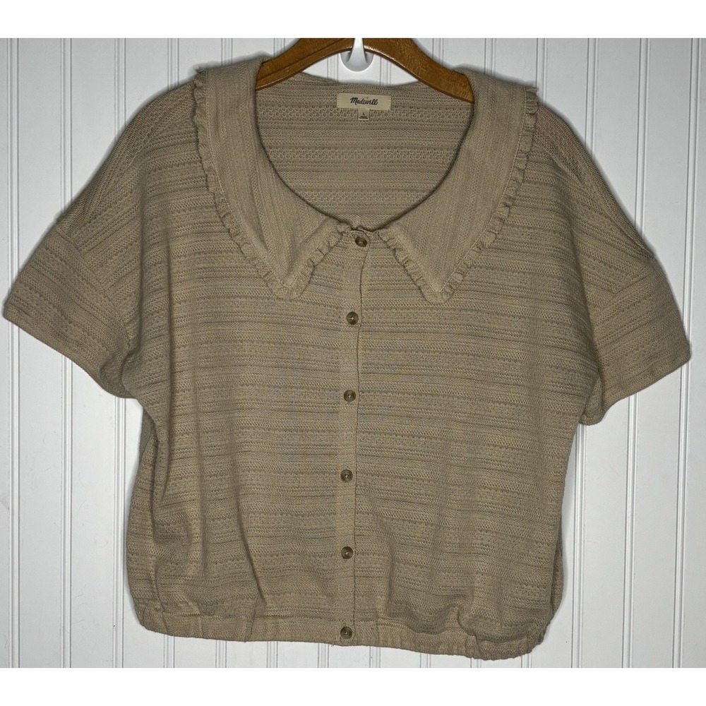 Madewell Ruffle-Collared Crop Top LG Tan Cottagecore Ballet Core Coastal Grandma